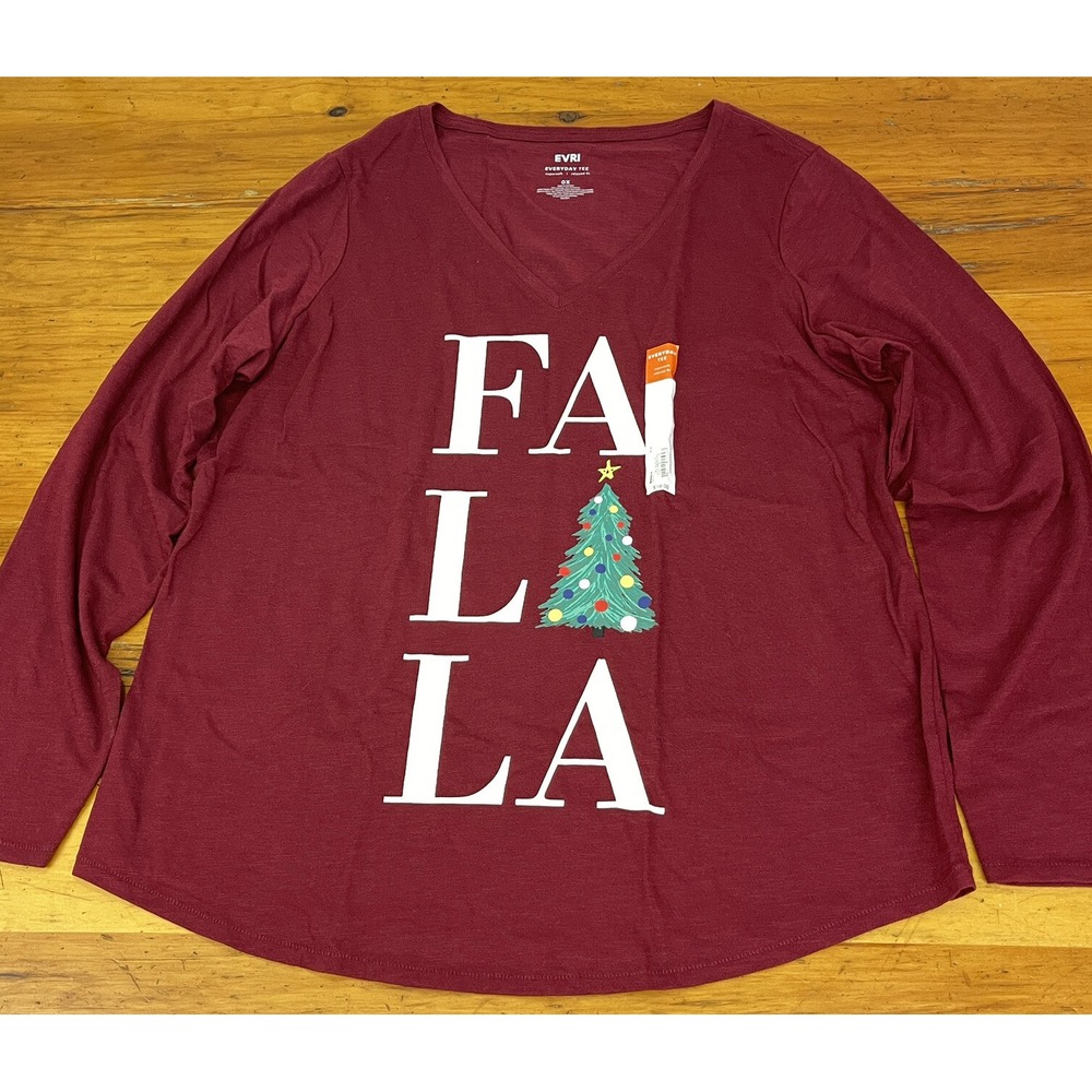NEW Womens Sz 0X EVRI‎ Holiday Top Christmas LS T-Shirt Red FA LA LA Tree V-Neck